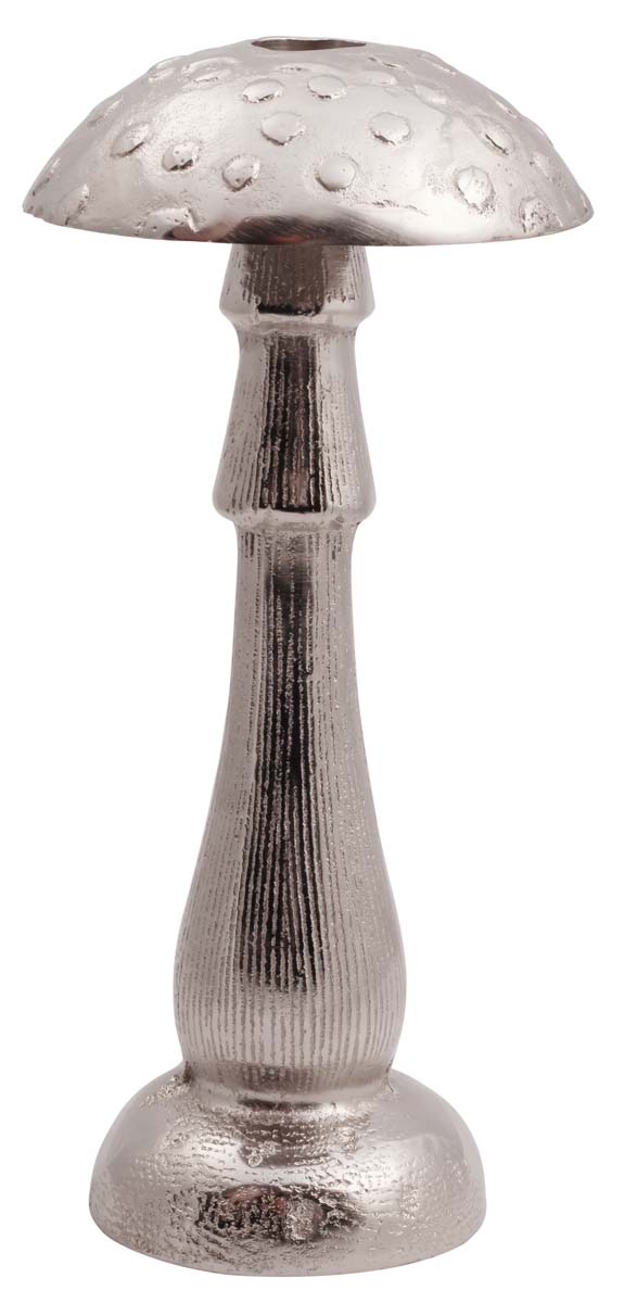 11” Mushroom Candle-Holder in Aluminum – Embossed - Silver Tone – Handmade Home Décor / Unique Gifts